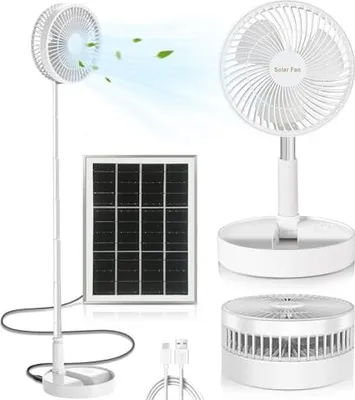 Produktbild von Tragbarer Standventilator Leise, 8" Akku & Solarbetriebener Ventilator, Faltbarer USB Tischventilator mit 5200mAh Akku, Höhenverstellbar