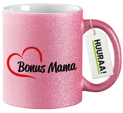 Produktbild von Huuraa Glitzertasse Bonus Mama Herz 330ml Pink Keramik Kaffeebecher Geschenkidee