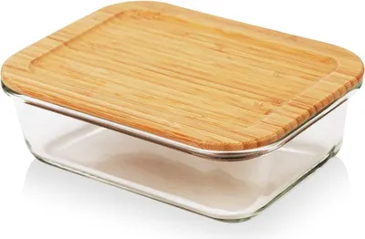 Produktbild von Glasbehälter mit Bambusdeckel - Lebensmittelaufbewahrung, spülmaschinen- und mikrowellengeeignet