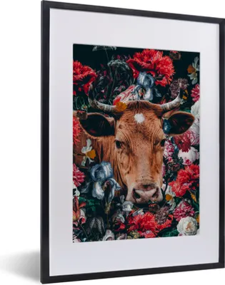 Produktbild von MuchoWow® MuchoWow® Gerahmtes Poster Kühe - Blumen - Tier - Porträt 30x40 cm - Poster mit zchwarzem Bilderrahmen - Wandposter Schlafzimmer