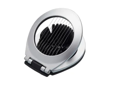 A silver and black egg slicer is shown against a white background.