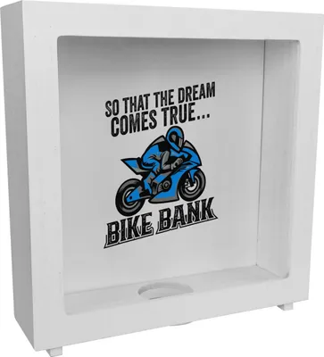 Produktbild von Bike Bank Rahmen Spardose aus Holz mit Spruch und Motorrad in blau