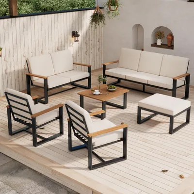 Produktbild von Gartenmöbel-Set Loungesessel mit 3-Sitzer, 2-Sitzer & 2 1-Sitzer-Sofas, Couchtisch & Fußhocker, Akazienholz-Tischplatte, schlichtes Design, verzinkter Stahl, für Garten & Terrasse, Beige