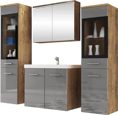 Produktbild von MIRJAN24 Badmöbel-Set Madrit II, Badezimmer-Set mit Spiegel und Waschbecken (Farbe: Kastanien Breslau / Grau Hochglanz, mit Siphon, ohne Beleuchtung)