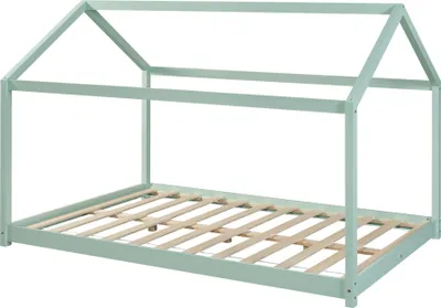 A mint green house-shaped bed frame with a slatted base, shown from a slightly elevated side angle against a white background.