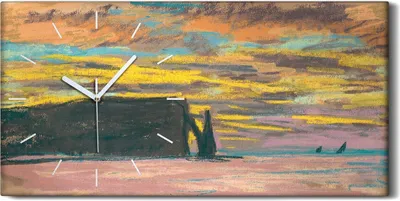Produktbild von Wandbild Leinwand Bilder Wanduhr Geräuschlos 60x30 Sonnenuntergang in Etretat - weiße Hände