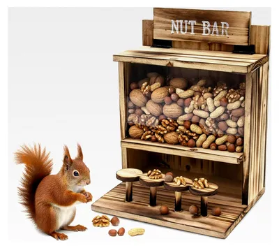 Produktbild von Eichhörnchen Futterstation NUT BAR aus Holz - 32 x 24 cm - Futterspender mit Klappdeckel - wetterfest