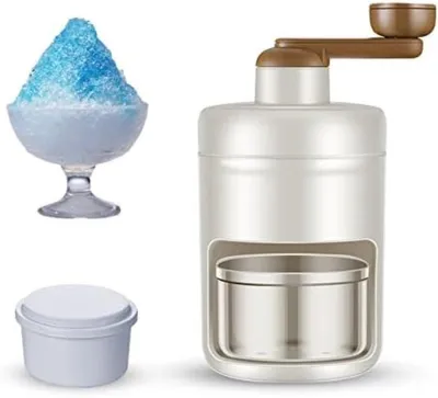 Produktbild von PolkaHome® Hand-Eiscrusher – Manueller Eiszerkleinerer für Slush, Cocktails & Raspel-Eis, 14 x 13 x 26 cm, Silber/Weiß