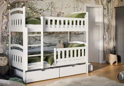 Produktbild von Hochbett 90x200 cm Etagenbett mit zwei Schubladen, Lattenrost, Rausfallschutz, umbaubar in zwei Einzelbetten, aus Vollholz massiv in weiss