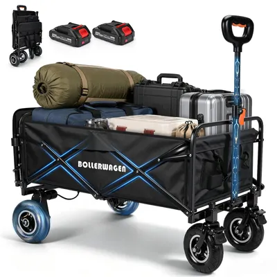 Image de Chariote électrique à pneus pneumatiques, chariot pliable avec batterie 2×2,0 Ah compatible Makita, capacité de 240 litres/120 kg, dimensions 116×58×55 cm, longueur du manche réglable de 68 à 100 cm. Idéal pour le camping, le jardin, la plage