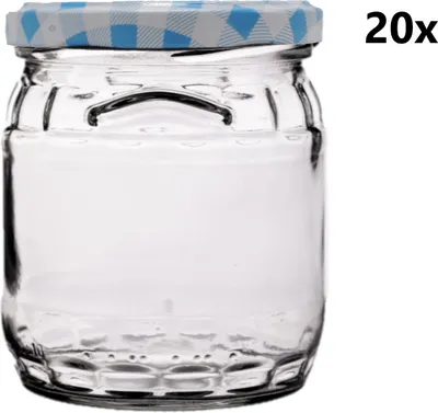 Produktbild von Einmachglas 420 ml FACETTE FÄSSCHEN klar/transparent 20 Stück INKLUSIVE KARIERT HELLBLAUEN DECKELn, Anzahl der Teile in der Packung: 20