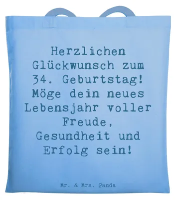 Produktbild von Mr. & Mrs. Panda Einkaufstasche Spruch 34. Geburtstag - Sky Blue - Geschenk, Dekoration, Tote Bag, Laptoptasche, gute Wünsche, Freude, Meilenstein, Schultasche, Beutel