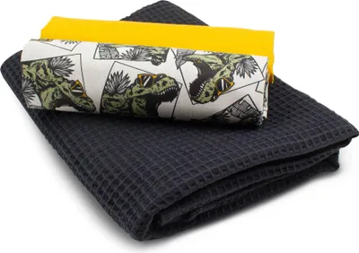 Obrázok produktu pre Sada Dino 90 – sada vaflovanej látky  1x vaflová látka + 2x  bavlnená látka s potlačou a jednofarebná  každá 0,5 m x 1,5 m – balík látok na DIY projekt