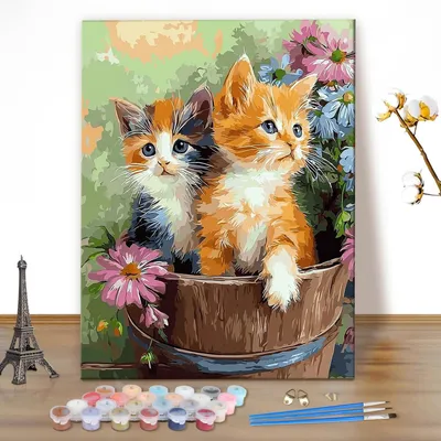 Image de Kit de peinture par numéros pour adultes, représentant des chats, avec pinceaux et peintures acryliques. Toile de 40x50 cm (sans cadre)