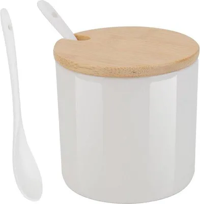 Immagine prodotto di Barattolo in Vetroceramica bianco per dolcificanti con cucchiaino e coperchio in bambù