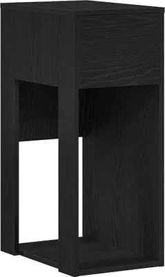 A black computer cabinet with a drawer on top and an open shelf below.