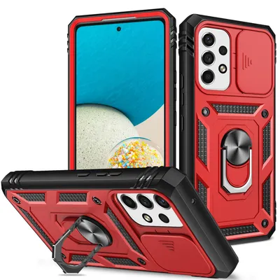 Image de Etui pour Samsung Galaxy A53 5G avec protection de l'appareil photo coulissant, résistant aux chocs, avec porte-anneau, support et porte-cartes Rouge