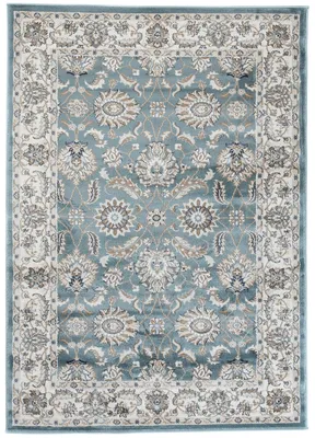 A top-down view of a rectangular rug with a classic design.