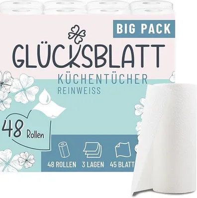 Produktbild von Glücksblatt Küchentücher, 48 Rollen á 45 Blatt, 3-lagige Küchenrollen, 100% Zellstoff, nachhaltig, saugstarke Haushaltsrollen, Allzwecktücher