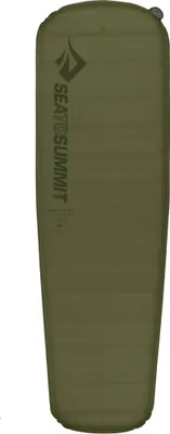 A green self-inflating sleeping mat is shown from a top-down perspective against a white background.