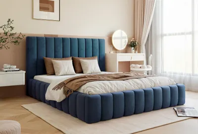 Produktbild von Besilio Möbel - Doppelbett 200x200 Tina Slim - Polsterbett, Schlafzimmerbett mit Lattenrost & Bettkasten - Samtstoff - Marineblau & Velluto 25