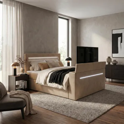 Produktbild von ELVORA DESIGNE Boxspringbett 180x200 cm AURA TV mit Bonellmatratze H3 & Topper, 2 Bettkästen, Hellbraun, KI-generiertes Bild