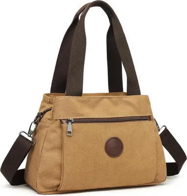 Produktbild von Canvas Handtasche Damen Schultertasche Braun 31x22x13cm mit vielen Taschen