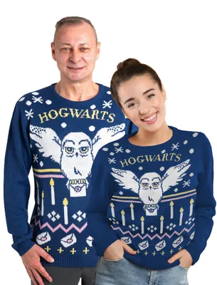 Produktbild von Harry Potter Winterpullover Uni - Hedwig Eule Winter Strick Pullover Sweatshirt Ugly Sweater für Herren & Damen Blau S