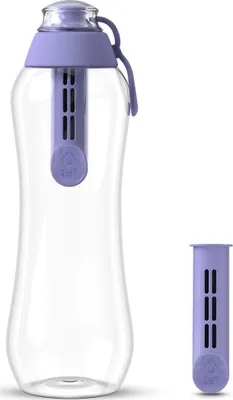 A clear product shot of a Dafi water filter bottle and a spare filter.