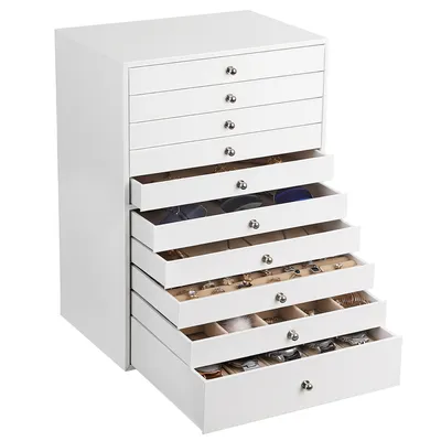 Produktbild von SONGMICS Schmuckkästchen, Schmuckschatulle mit 10 Ebenen, große Schmuckbox aus Kunstleder, mit Schubladen und Uhrenkissen, 29 x 20,5 x 40,5 cm, weiß JBC10W
