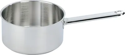 A single stainless steel saucepan with a long handle, shown from a side-diagonal angle against a white background.