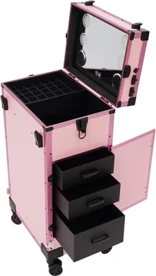 Immagine prodotto di Valigetta trolley per cosmetici - Ampio beauty case - 3 cassetti - Specchio con illuminazione LED - Ruote a 360° - Con serratura - In ecopelle - Rosa