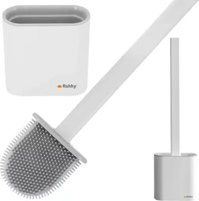 A toilet brush and holder set.