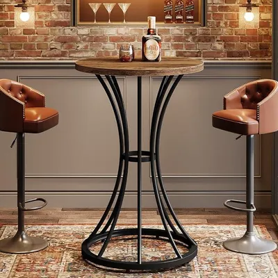 Produktbild von Runder Stehtisch 95 cm, Holz-Bistrotisch mit Metallsockel, Bartisch für Küche, Kaffee, Cocktail, Esstisch für 2 Personen (Tischplatte 60 x 60 cm) - Braun, nur Tisch (1)