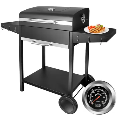 Produktbild von SunJas Holzkohlegrill CA-6146 Grillwagen Temperaturanzeige Gartengrill Seitenablage Kompakt Holzkohlegrill Grillfläche: ca. 42 x 50 cm Kohlegrill