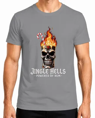 Produktbild von Jingle Hells Powered by Rum Totenkopf Flammen Weihnachten Skull Herren T-Shirt, Grau, L