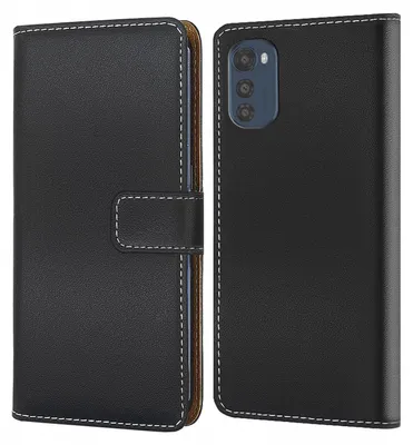 A black flip-style phone case is shown from the front and back.