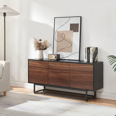 Produktbild von Lowboard 'Boxholm' mit 3 Türen Push-to-Open 120 x 30 x 55 cm Schwarz / Walnussoptik