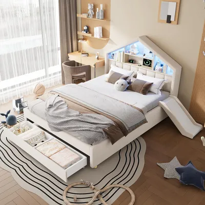 Produktbild von Flieks Kinderbett 140x200cm mit Rutsche und Led, Polsterbett Hausbett mit Schublade und Ladeanschluss, Kinder Doppelbett mit Ablagen, Samt, Beige