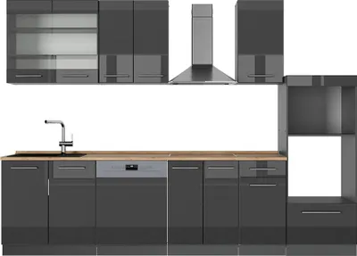 Image de Cuisine Vicco Fame-Line Anthracite Haute brillance 300cm avec armoire haute, PT Chêne, Model 56857