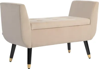 Produktbild von Luxus Sitzbank Polsterbank mit Stauraum Armlehnen Truhenbank Samtartiges Polyester Gummiholz Beige 107 x 42 x 65 cm