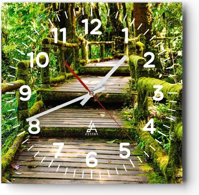 Produktbild von Wanduhr - Quadrat - Glasuhr - Asien natur park brücke - 30x30cm - Schleichendes Uhrwerk - Lautlos - zum Aufhängen bereit - Dekoration Modern - Wanddekoration aus Glas - C4AC30x30-2417