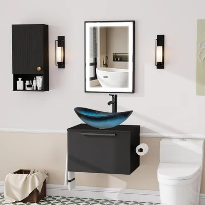 Image de Ensemble de meubles de salle de bain 3 pièces comprenant : meuble sous-vasque de 60 cm, meuble suspendu, et vasque de 53 cm, de couleur bleue
