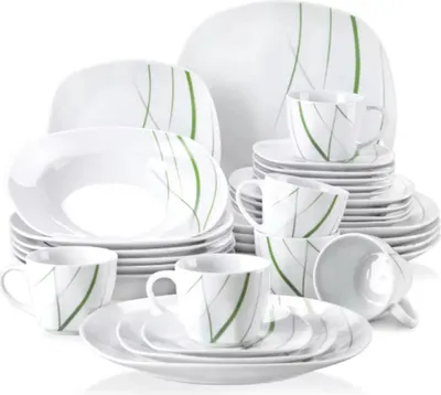 Produktbild von Nobleza Salatschüssel Set – 30-teilig – Weiß/Grüne Streifen – Tafelservices – Essteller – Tiefe Teller – Frühstücksteller – Servies – Küchenservies