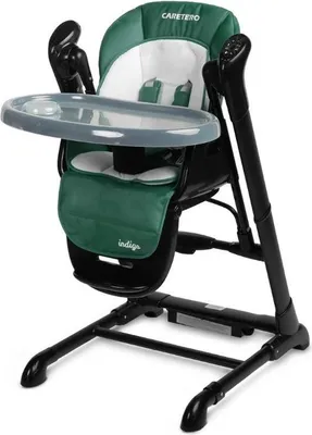 A green and black baby high chair with a gray tray is shown against a white background.