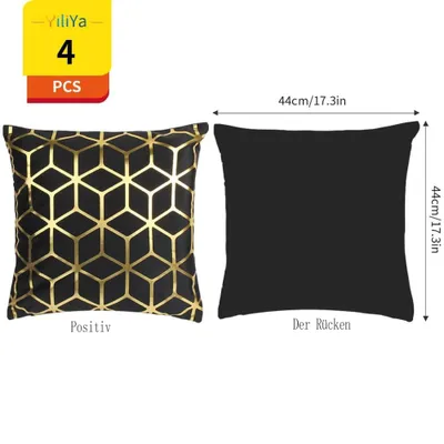 Produktbild von Dekorative Kissenbezüge, 4er-Set, goldfarben, heißgeprägte Samt-Kissenbezüge, geometrisches Muster, Sofa, Schlafzimmer, Auto, Wohnkultur (Kissenbezüge, Schwarzgold, 45 x 45 cm)