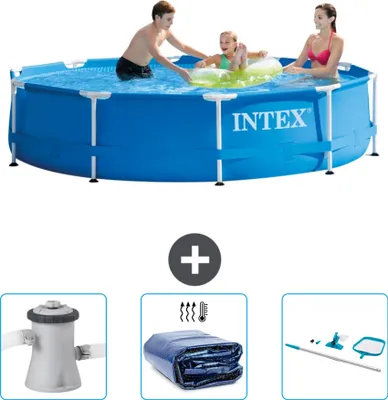 Produktbild von Intex-Schwimmbecken mit rundem Rahmen – 305 x 76 cm – Blau – im Lieferumfang enthalten Filterpumpe für Schwimmbad - Sonnensegel - Reinigungskit