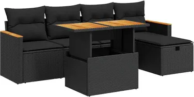 Productafbeelding van vidaXL 6-delige tuinmeubelset met kussens, zwart, polyrotan