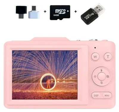 Produktbild von Digitalkamera 44 MP mit 1080p-Video, 16-fachem Digitalzoom, 2,8-Zoll-IPS-Display und 64-GB-Speicherkarte – Rosa