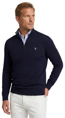 Image de Gant Pull-over avec demi-zip uni bleu foncé coupe normale coton